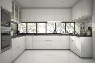 3d rendering beautiful modern white kitchen with marble decor