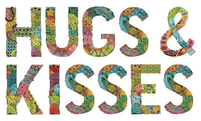 Words hugs and kisses. Vector decorative zentangle object