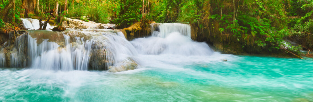 Tat Kuang Si Waterfalls. Beautiful panorama landscape. Laos.