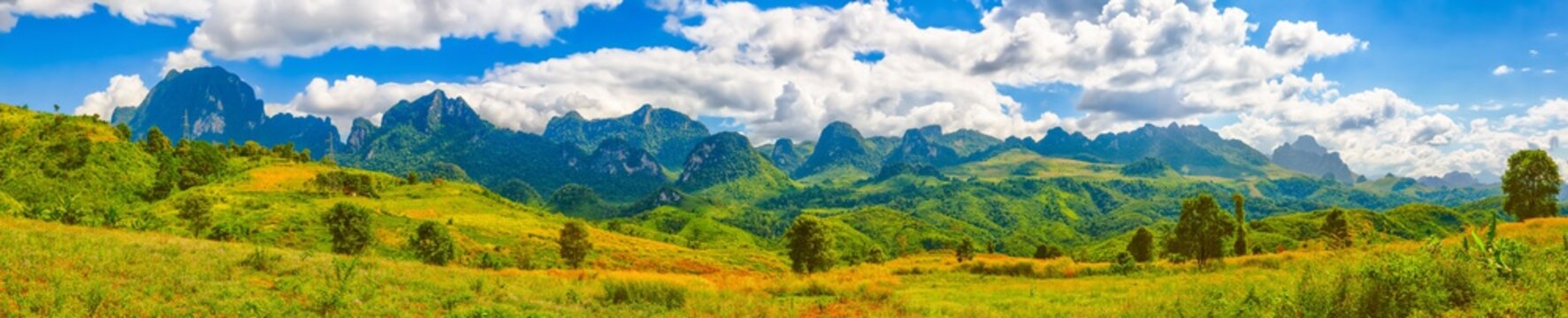  Beautiful landscape, mountain on background.Vang Vieng, Laos. Panorama