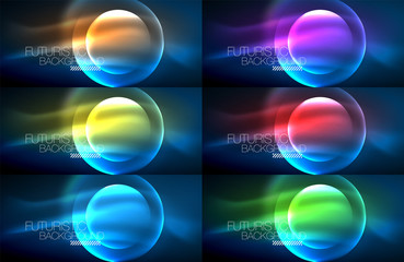 Collection of neon glowing particle waves