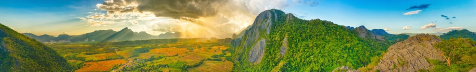 Aerial view of the fields and mountain. Beautiful landscape panorama. Laos.