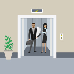 Cartoon business people in elevator or lift with open doors