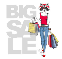 Retro Hipster animal raccoon. Big sale hipster poster with woman model