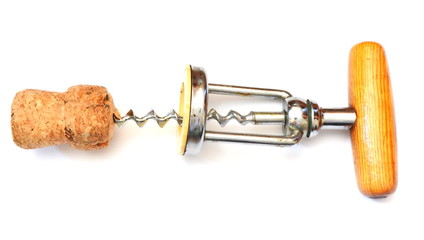 Steel wooden corkscrew in wine cork. Isolated. White background