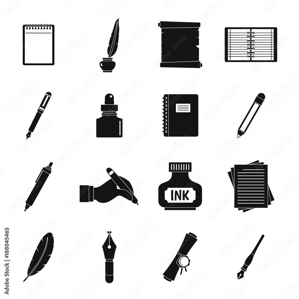 Poster writing icons set items, simple style
