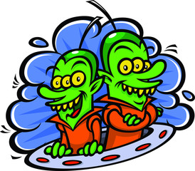 Funny aliens in a spaceship. Vector illustration in a flat style. Image is isolated on white background. Characters for printing, web and games.
