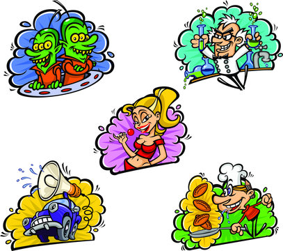 Set of vector illustration icons in comic cartoon style. Image is isolated on white background. Girl, advertising, crazy professor, cook, aliens. Illustrations for the site and the press.