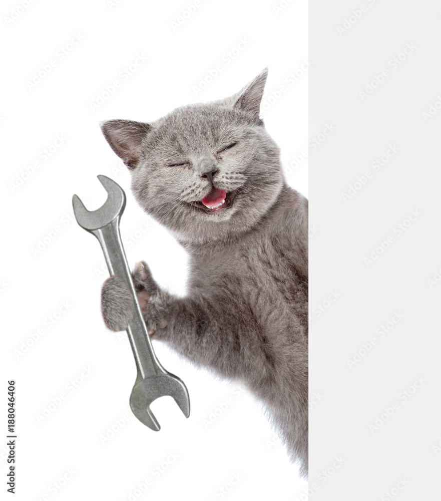 Poster funny cat worker with wrench behind white banner. isolated on white background