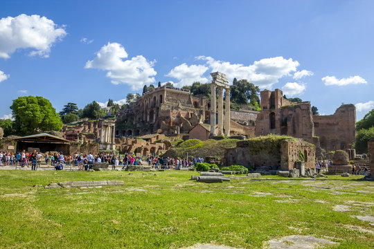 Temple of Castor and Pollux  and Palantine hill. The Ruins of Roman Forum, Rome. Italy.