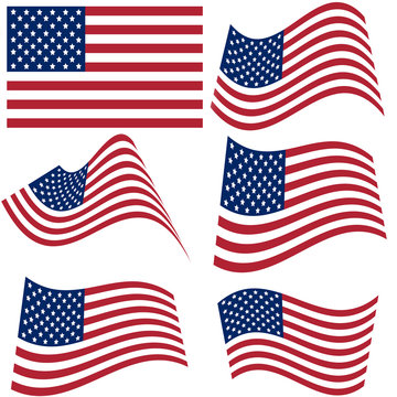 Set of national flags of United States of America isolated on white background. Official colors and proportion of flag of USA