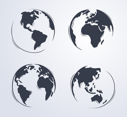 Hand drawn cute cartoon earth globe illustration from four different view