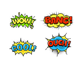 Collection of bright, colorful, multi-colored speech bubbles, with text, texture.