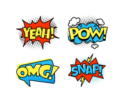 Collection of bright, colorful, multi-colored speech bubbles, with text, texture.