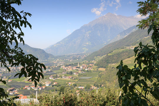 Townscape of Algund and mountain alps panorama in South Tyrol