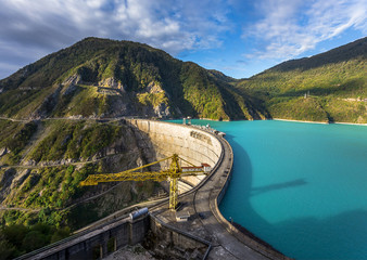 The Enguri hydroelectric power station HES. The Jvari Reservoir next to Inguri Dam, surrounded by...
