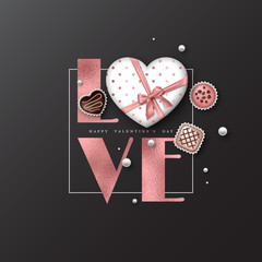 Valentine's day holiday background. Glitter word love with foil effect, 3d heart, sweets. Decorative elements for holiday design. Vector illustration. - obrazy, fototapety, plakaty