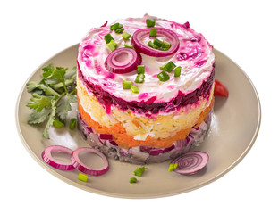 Herring under a fur coat  isolated. Russian national cuisine