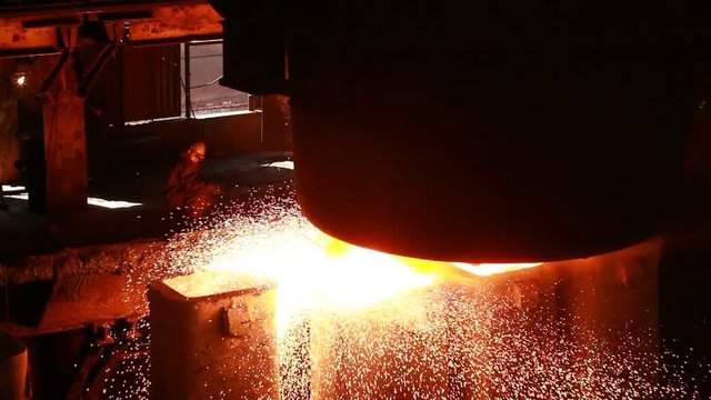 molten steel casting and rolled steel production at metallurgical works