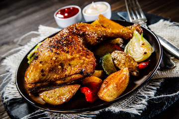 Barbecued chicken leg with baked potatoes and vegetables
