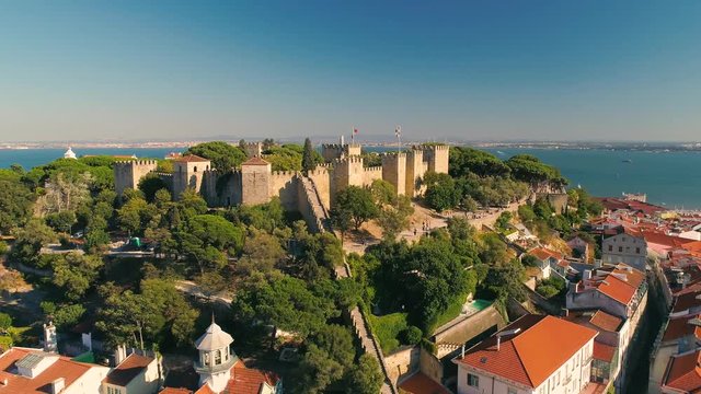 Lisbon, Portugal 4K Aerial video Lisbon Castle - The Castelo de Sao Jorge drone