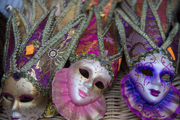 group of colorful carnival masks, isolated on sale counter