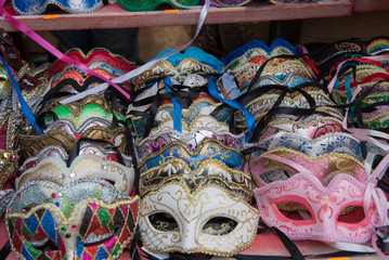 group of colorful carnival masks, isolated on sale counter