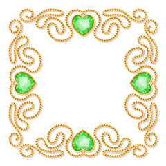 Decorative frame with golden chains and gemstones. Luxury invitation or greeting card template. Vector Illustration.