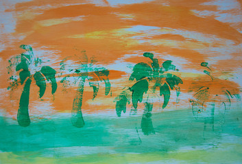 Abstract tropical island scene on wood background