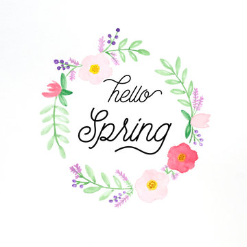 Hello spring, Flowers wreath watercolors, Hand drawing flowers in watercolor style on white paper background, banner
