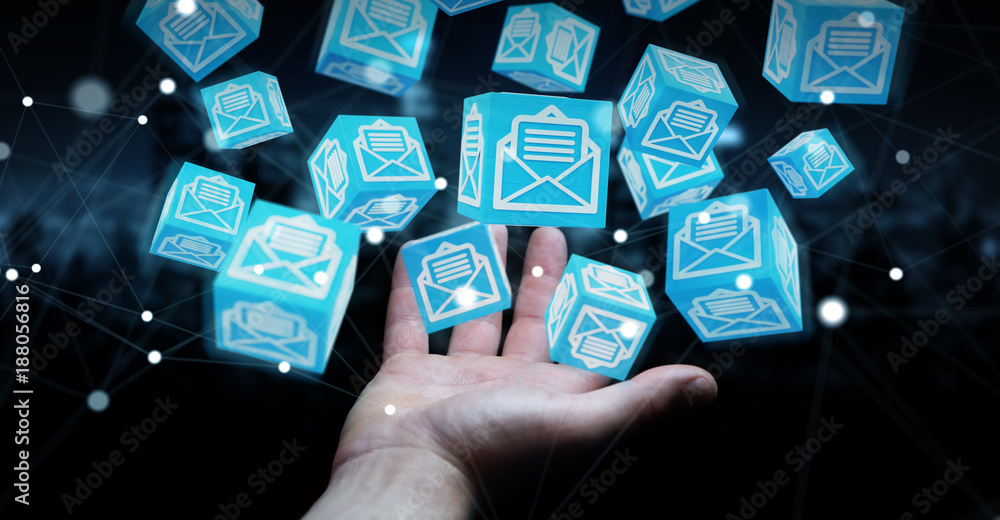 Aufkleber Businessman using floating cube emails 3D rendering