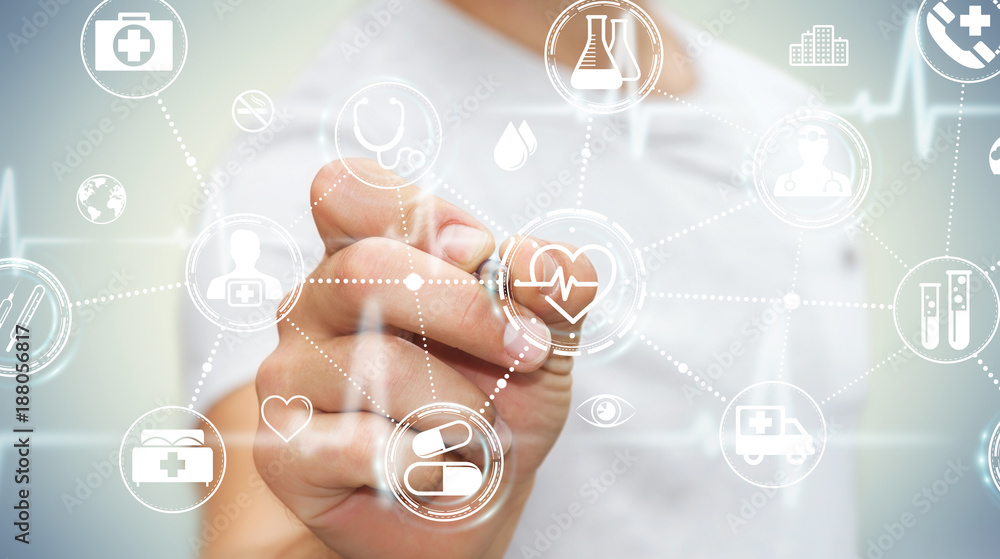 Poster businessman using digital medical interface with a pen 3d rendering
