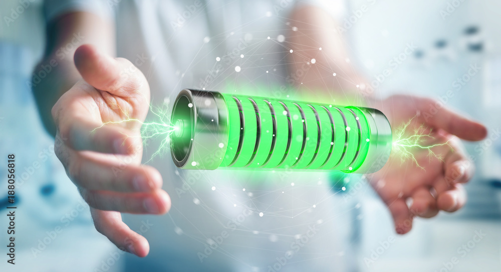 Aufkleber businessman using green battery with lightnings 3d rendering