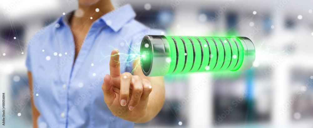 Aufkleber businessman using green battery with lightnings 3d rendering