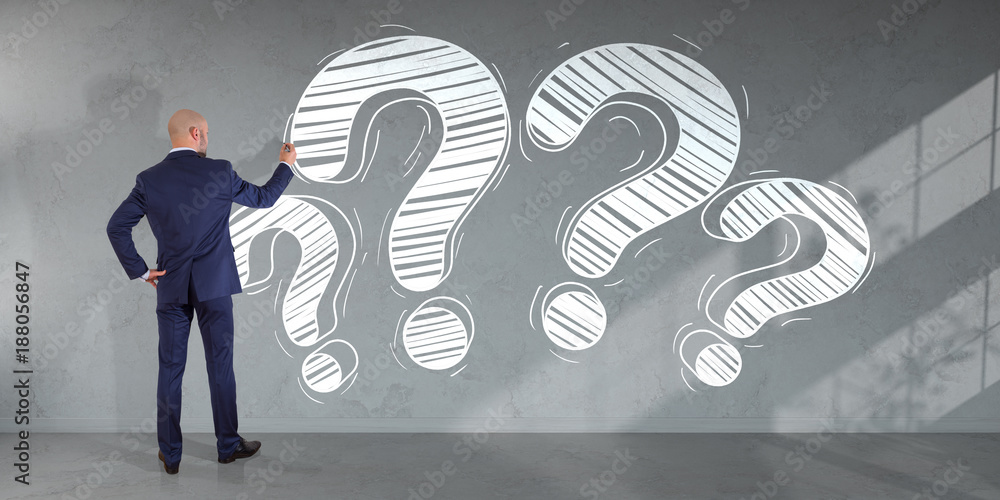Poster businessman drawing a question mark sketch on a wall 3d rendering