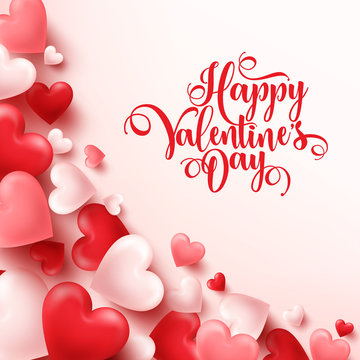 Valentines day abstract background. White, red, pink 3d heart. February 14, love. Romantic wedding greeting card.