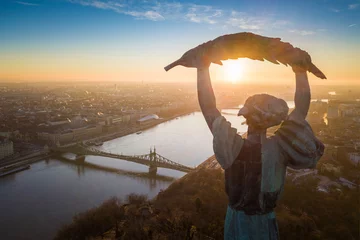 Fotobehang Budapest, Hungary - Aerial sunrise at the Statue of Liberty with Liberty Bridge and River Danube at background taken from Gellert Hill © zgphotography