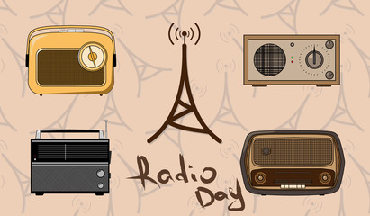 isolated old radios with radio tower image and Radio Day sign