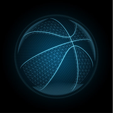 Vector image of a basketballl ball made of glowing lines, points and polygons