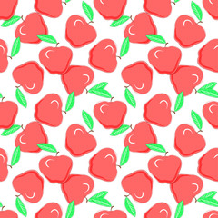 Red apples on white background, seamless pattern. Food fashion design with healthy fruits densely distributed on light backdrop, vector texture.