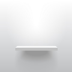 White realistic vector shelf attached to the wall. Advertising equipment mockup in 3d style. Exhibition furniture, isolated, light grey colored. Empty template for product display.