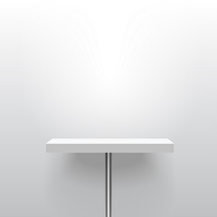 White realistic vector shelf or table on one pole stand. Empty template for product display. Advertising equipment mockup in 3d style. Exhibition furniture, isolated, light grey colored. - 188061032