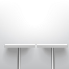 Two white realistic vector shelves or tables on one pole support. Advertising equipment mockup in 3d style. Empty template for product display. Exhibition furniture, isolated, light grey colored. - 188061034