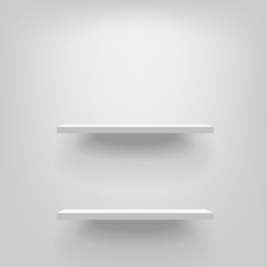 Two white realistic vector shelves attached to the wall vertically. Advertising equipment mockup in 3d style. Empty template for product display. Exhibition furniture, isolated, light grey colored. - 188061056