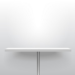 White realistic vector shelf or table on one pole stand. Advertising equipment mockup in 3d style. Empty template for product display. Exhibition furniture, isolated, light grey colored. - 188061064