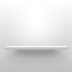 White realistic vector shelf attached to the wall. Advertising equipment mockup in 3d style. Empty template for product display. Exhibition furniture, isolated, light grey colored. - 188061067
