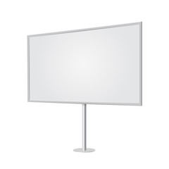 Outdoor board with single stand, in vector. Blank billboard with empty copy space, stand on one bar support. Highlighted with lamps, in perspective. White mockup with frame for commercial