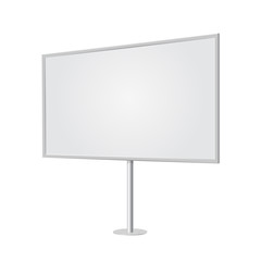 Fototapeta premium Outdoor board with single stand, in vector. Blank billboard with empty copy space, stand on one bar support. Highlighted with lamps, in perspective. White mockup with frame for commercial