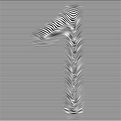 Striped typeface with geometrical pattern character 1 of a numbers font. Vector lettering with glitch effect, black horizontal distorted digital stripes on transparent background.