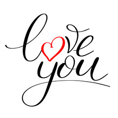 Love you with red heart text, Calligraphic love lettering